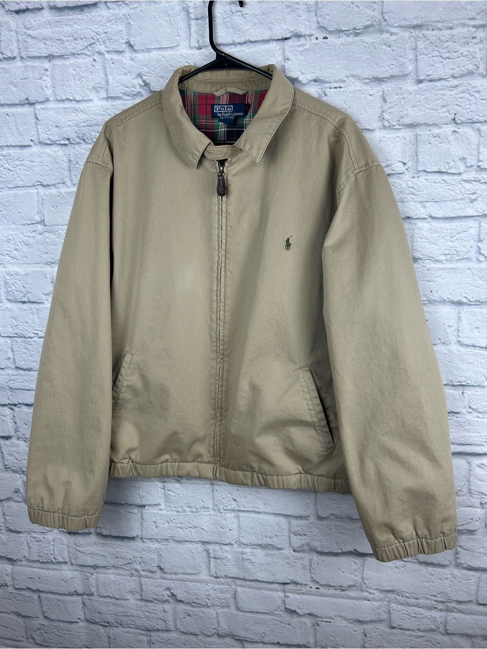 Vintage Polo Ralph Lauren Tan Harrington Jacket Plaid Lined Full Zip Cotton XL